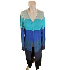 Wispr by Brodie Ocean Color Block Cardigan Cotton Silk Duster Sweater Blue Sz S